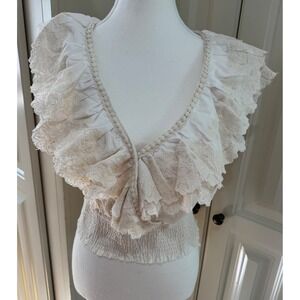 Jennifer Grace White Beige Lace Ruffle Deep V‎ Neck Smocked Top M NWT Romantic